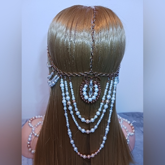 Beaded Pearl, Crystal and Copper Chain Headpiece New, Custom made. - Picture 4 of 7